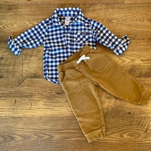 Carter’s Blue Plaid Brushed Cotton Shirt and Light Brown Joggers